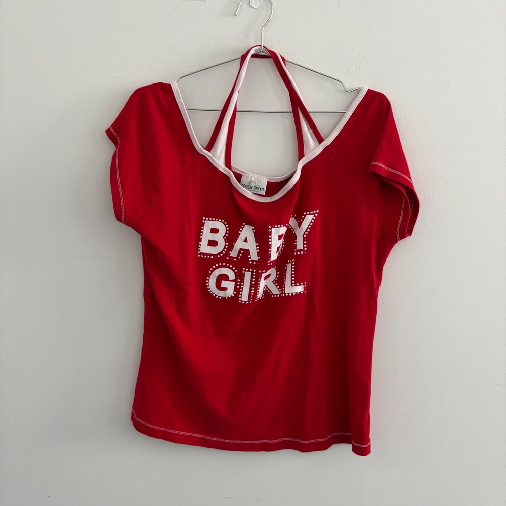 Caren Sport Baby Girl Red Graphic Halter Neck T-Shirt Y2K Aesthetic